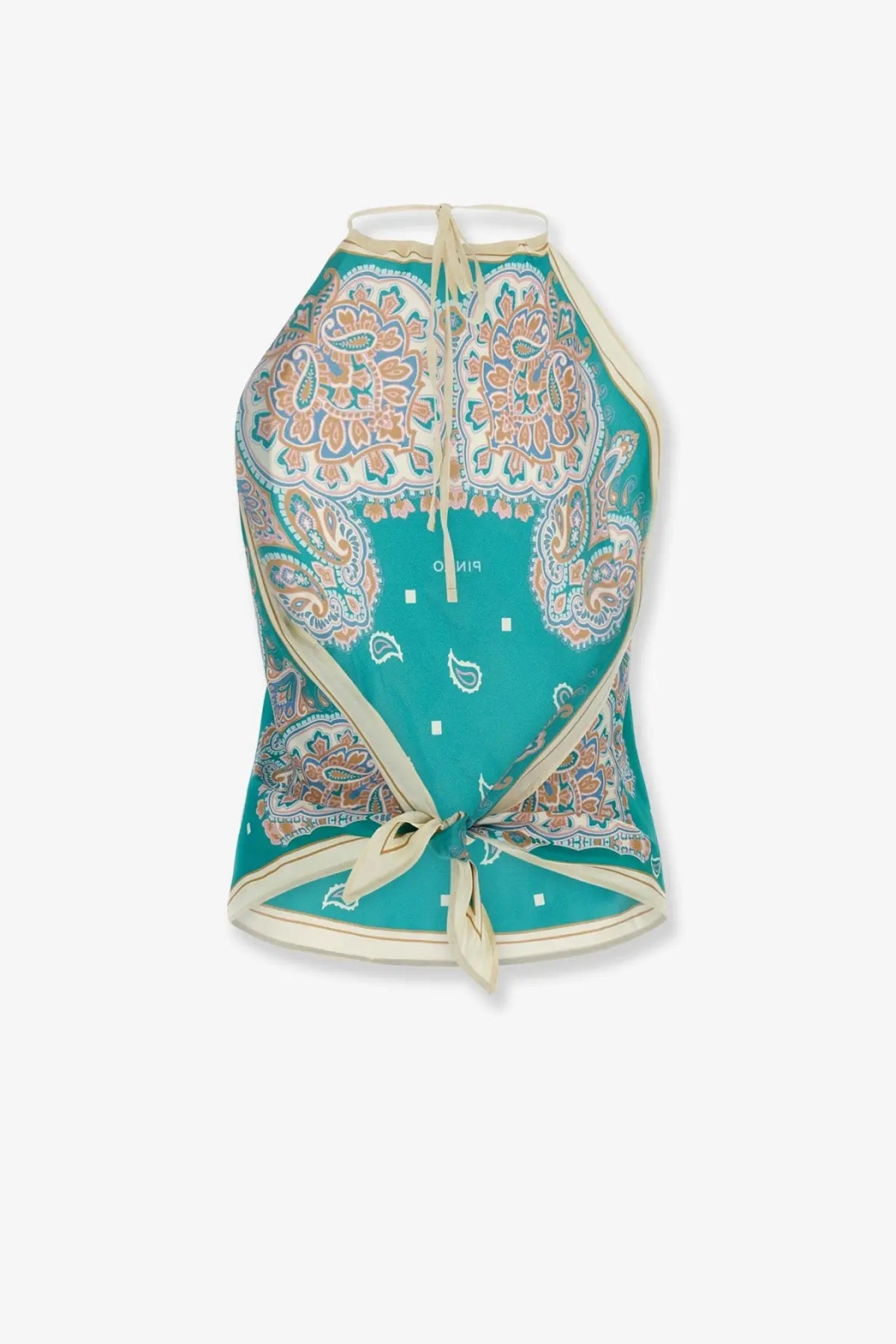Pinko women’s viscose and silk blend synchro top in teal and cream paisley with halter neck and tied waistband
