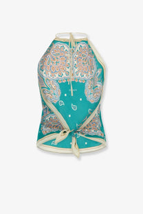 Pinko women’s viscose and silk blend synchro top in teal and cream paisley with halter neck and tied waistband