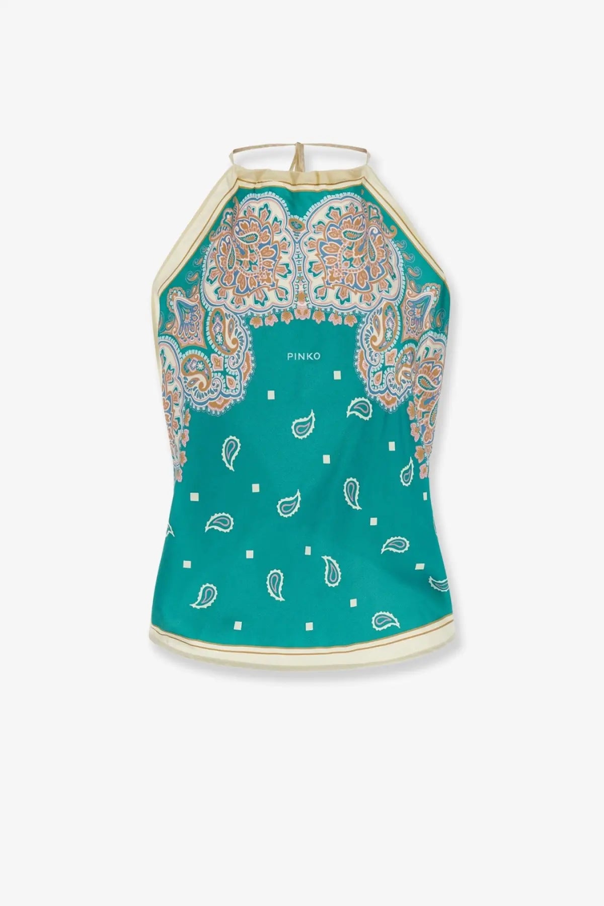 Pinko womens teal viscose and silk blend halter top with intricate cream and white paisley pattern and matching trim