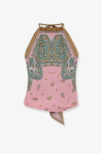 Pinko women’s pink viscose and silk blend synchro halter top with teal brown and gold paisley geometric patterns