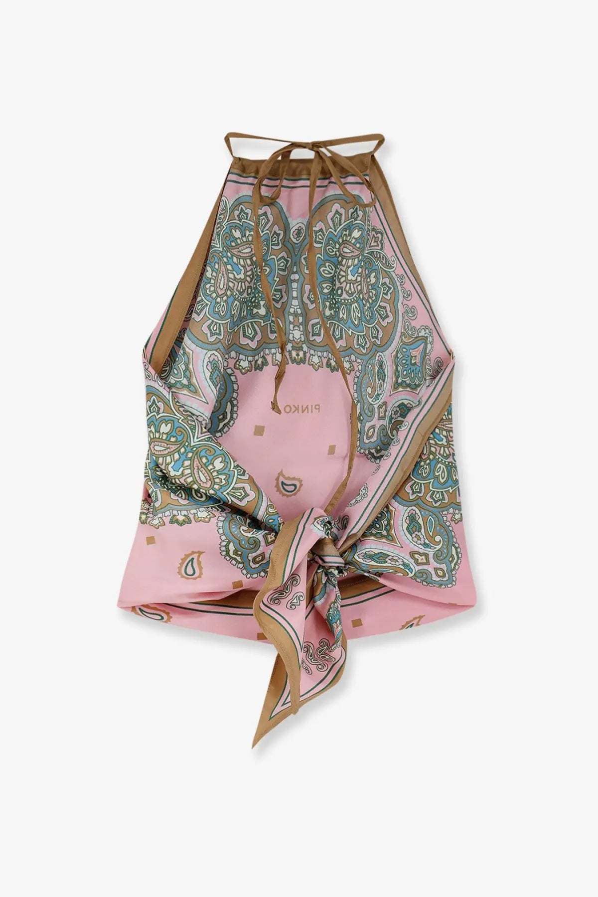 Pinko womens pink halter top with teal and gold paisley pattern made of viscose and silk blend with adjustable neck ties