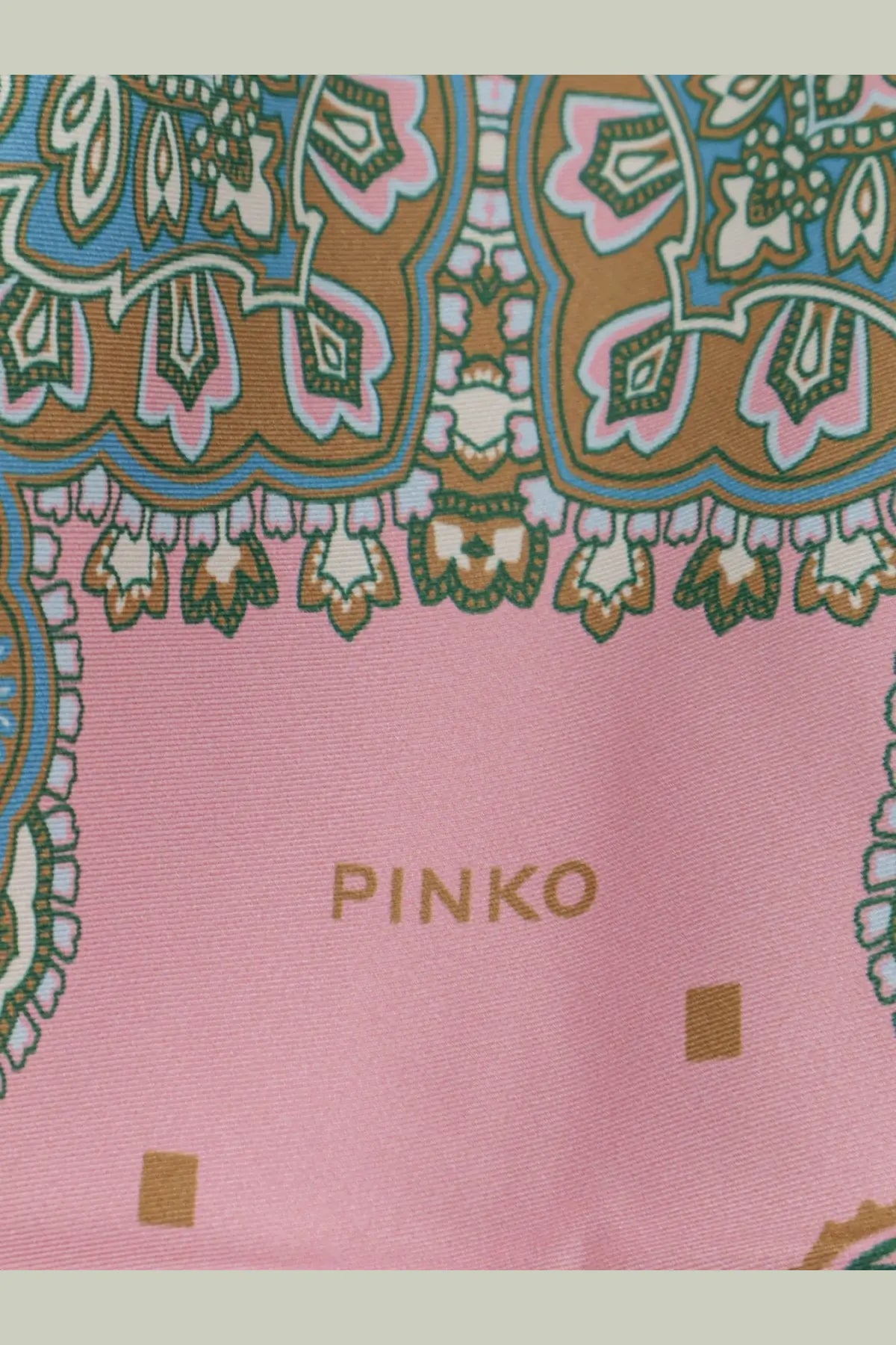 Pinko women’s viscose and silk blend synchro top pink with a vibrant paisley patterned pink silk scarf in blue brown and green