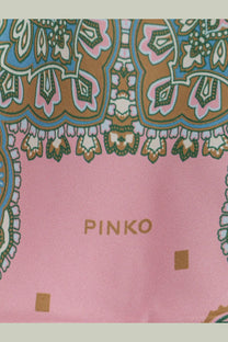 Pinko women’s viscose and silk blend synchro top pink with a vibrant paisley patterned pink silk scarf in blue brown and green