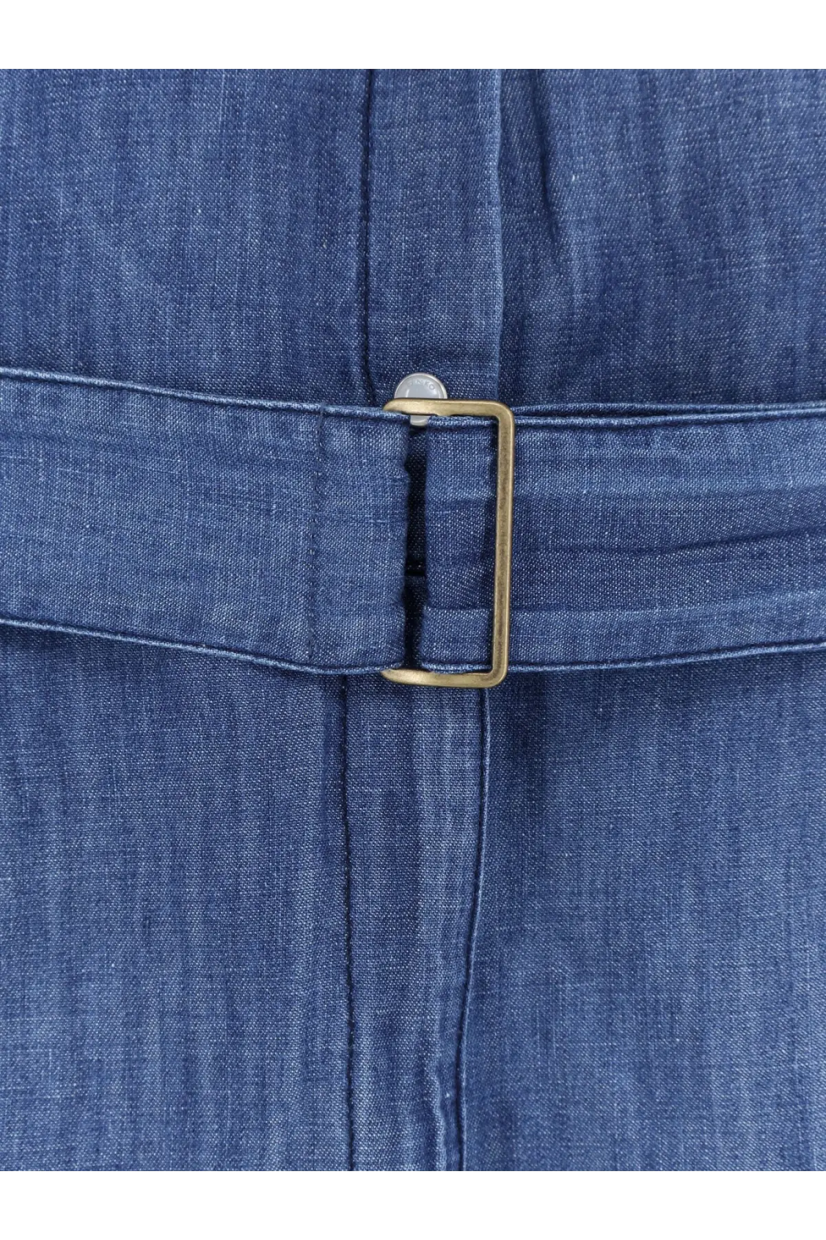 Blue denim belt with brass rectangular buckle paired with pinko women’s visione light denim jumpsuit bronze