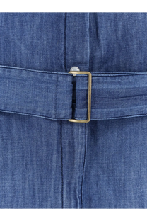 Blue denim belt with brass rectangular buckle paired with pinko women’s visione light denim jumpsuit bronze