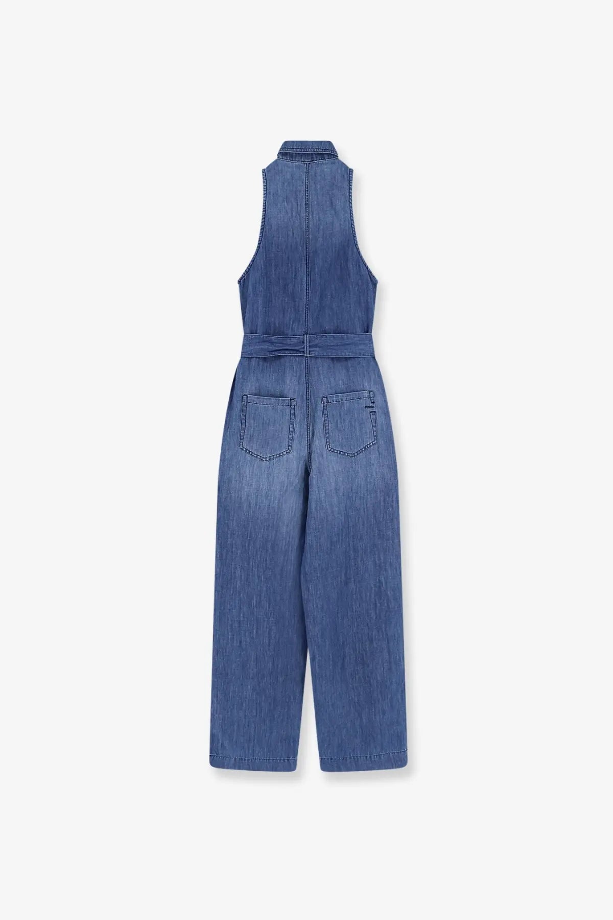 Blue denim sleeveless jumpsuit with belted waist and two back pockets shown from the back by pinko women’s visione light denim jumpsuit bronze