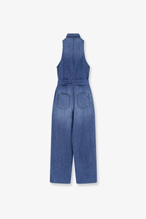 Blue denim sleeveless jumpsuit with belted waist and two back pockets shown from the back by pinko women’s visione light denim jumpsuit bronze
