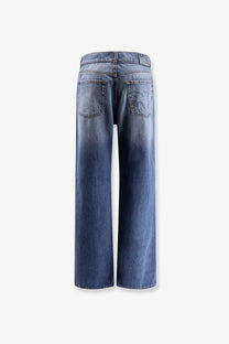 Blue denim pinko women’s wanda wide leg jeans with faded wash and relaxed fit