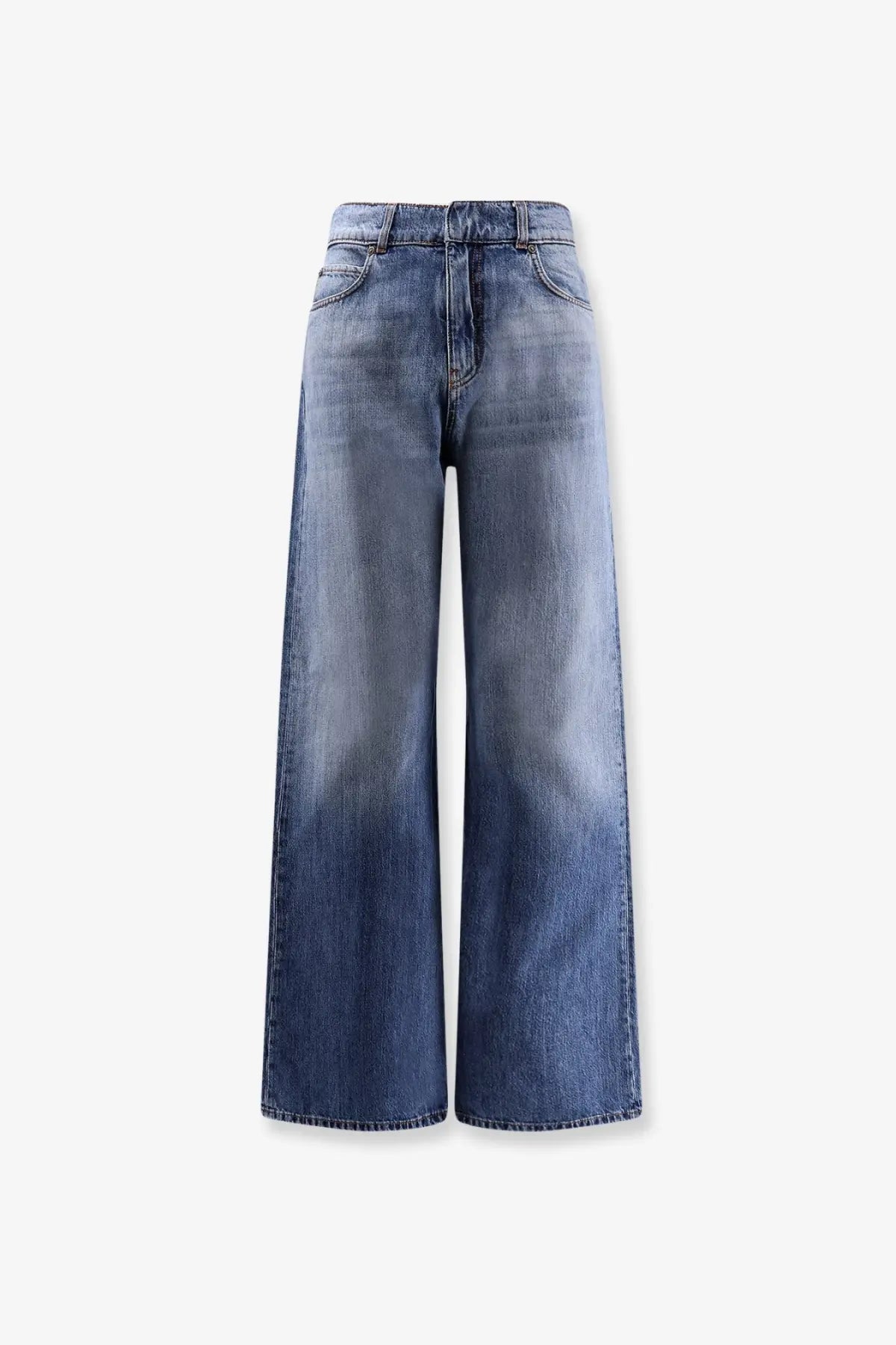 Pinko women’s Wanda wide leg jeans in faded blue denim with high waist and classic stitching detail