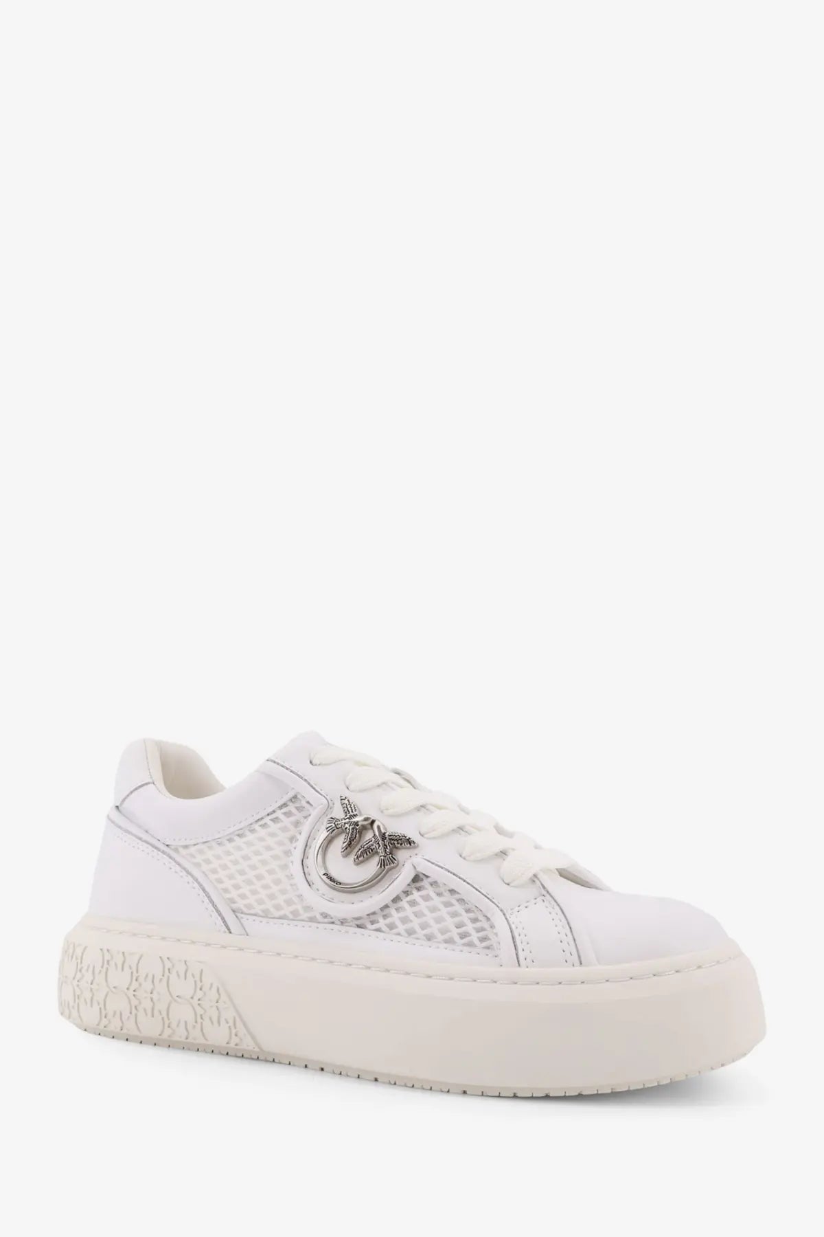 Pinko women’s white leather yoko sneaker with mesh panel and silver metallic bee emblem on the side