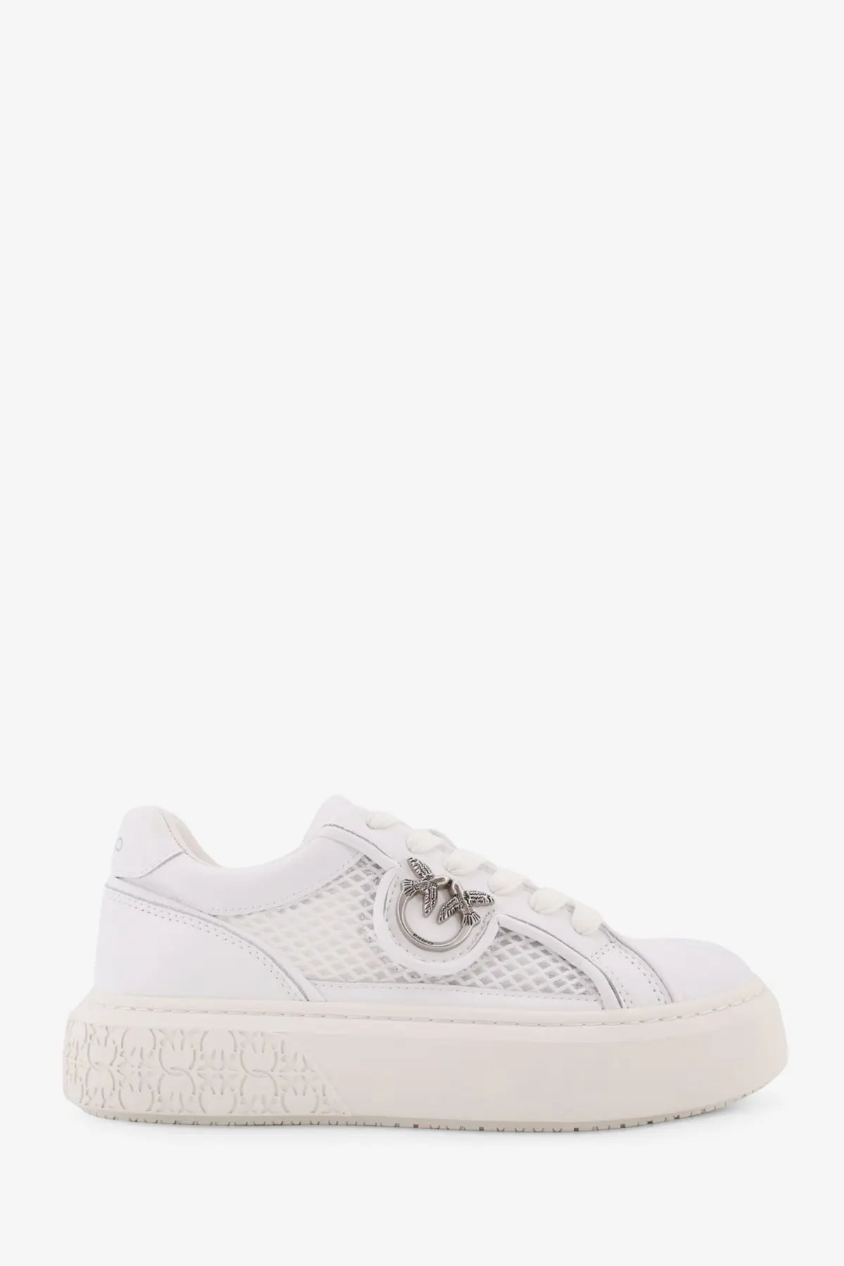 Pinko women’s yoko white leather sneakers with mesh panels and silver bee emblem on the side
