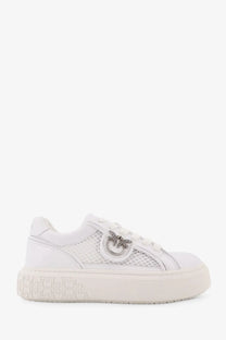 Pinko women’s yoko white leather sneakers with mesh panels and silver bee emblem on the side