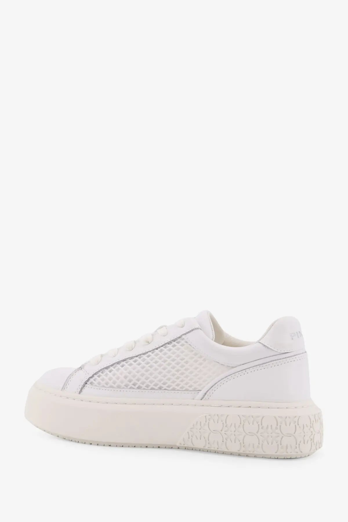 Pinko women’s yoko leather white platform sneaker with mesh panels and embossed detailing on the sole