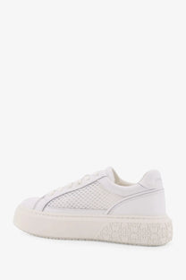 Pinko women’s yoko leather white platform sneaker with mesh panels and embossed detailing on the sole