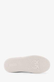 Pinko women’s yoko leather sneakers white showing white rubber sole with subtle grid pattern and embossed logo