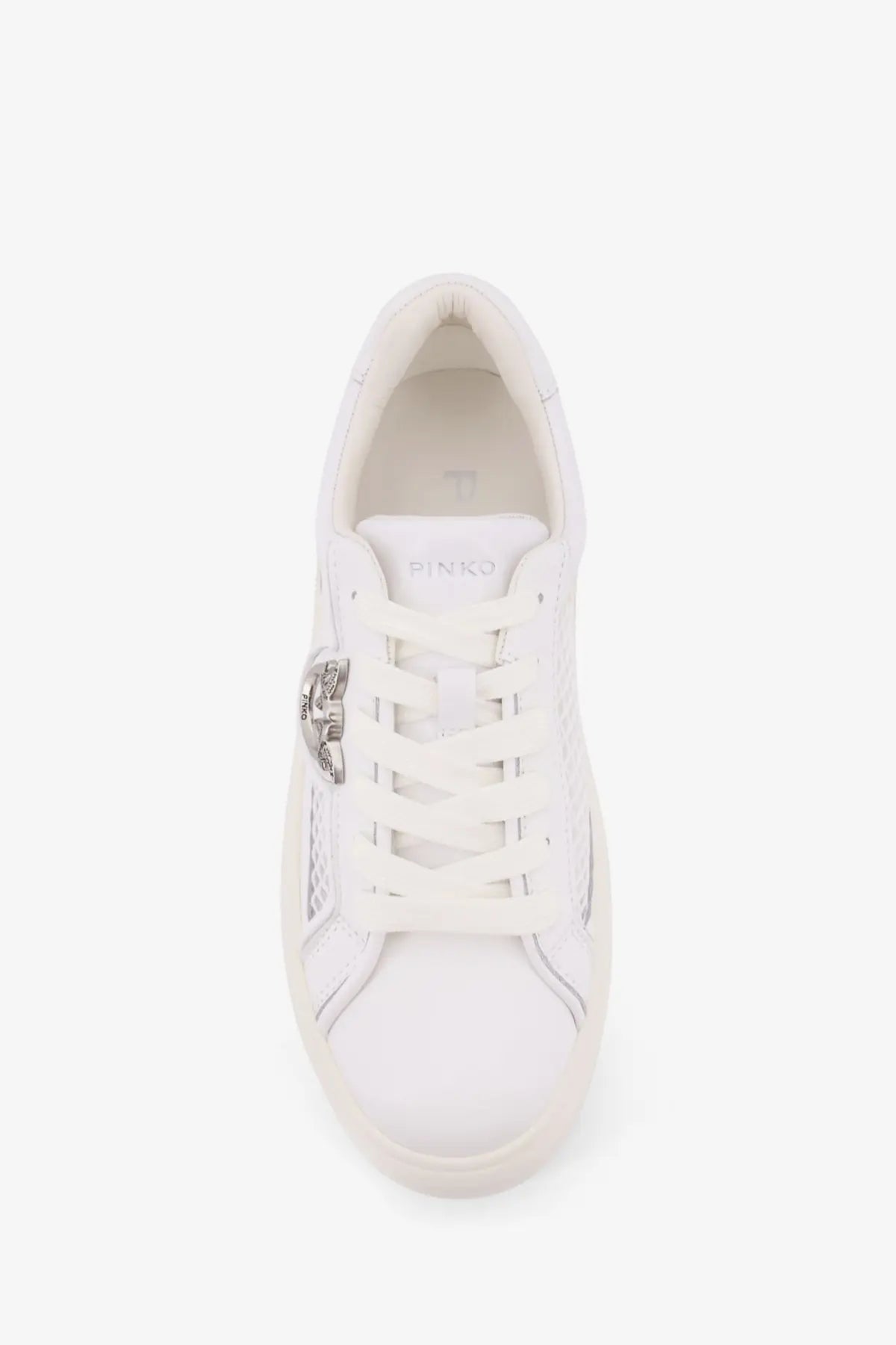 Pinko women’s yoko white leather sneaker with silver metallic eyelet accent and pink leather details
