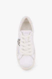 Pinko women’s yoko white leather sneaker with silver metallic eyelet accent and pink leather details