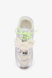 Pinko women’s yulia mesh silver metallic sneaker with neon green laces and cream fabric bow
