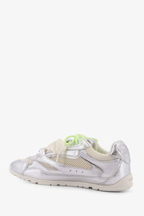 Pinko women’s yulia mesh sneakers in grey with silver metallic mesh panels and neon green laces