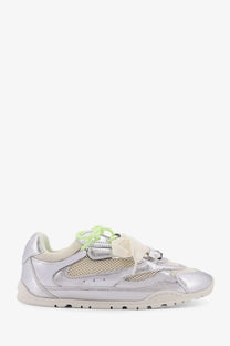 Pinko women’s yulia mesh sneakers grey with silver metallic mesh panels and neon green laces for casual wear