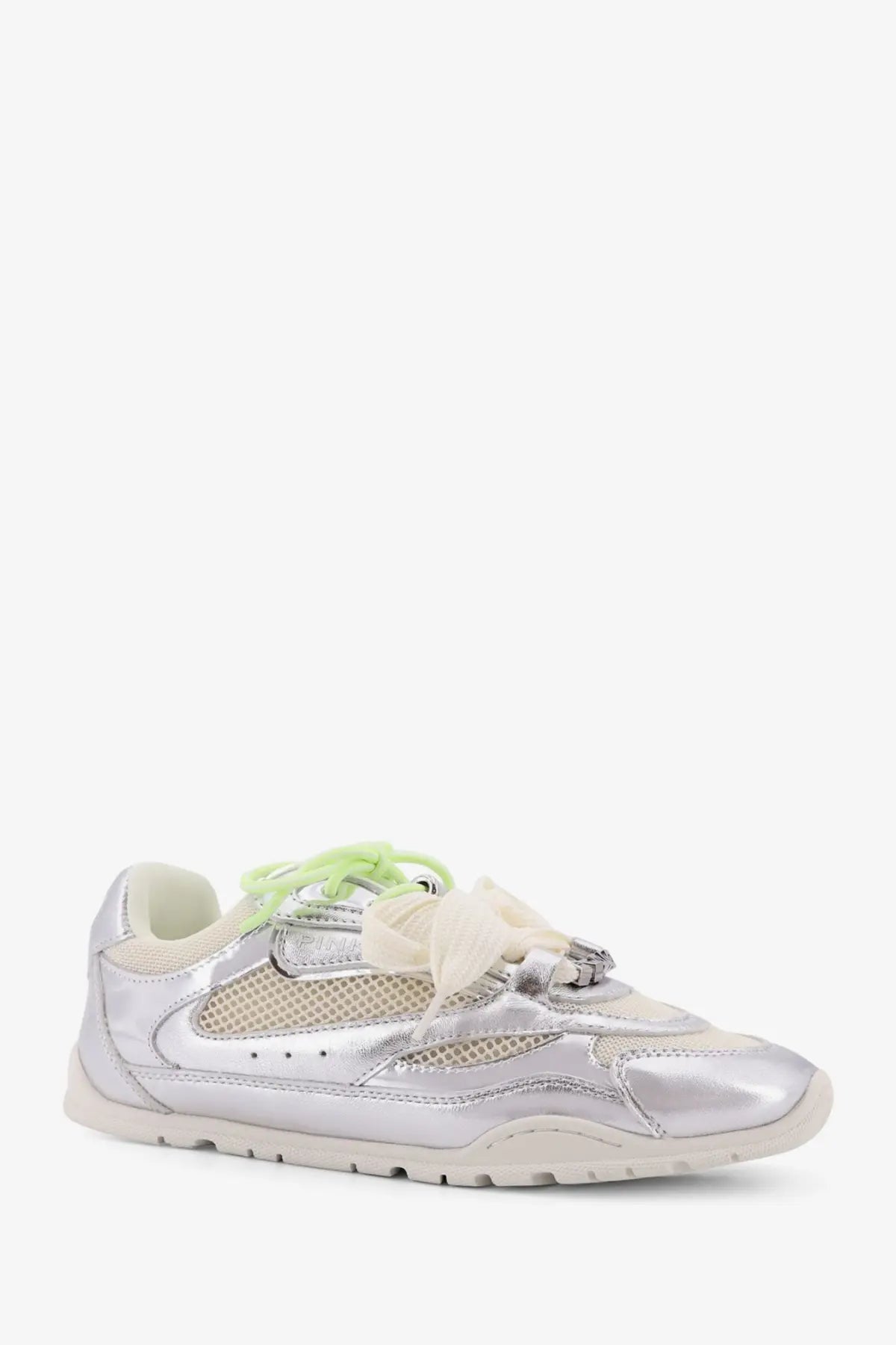 Pinko women’s Yulia mesh sneakers grey with silver metallic finish light green laces and cream bow accent