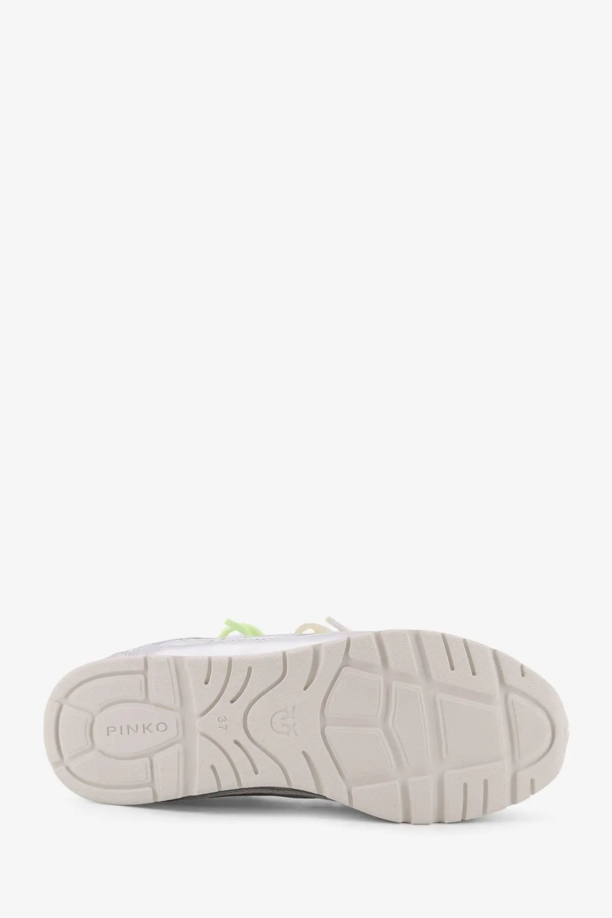 Back view of pinko women’s yulia mesh sneakers with white rubber sole textured tread and pinko branding on heel