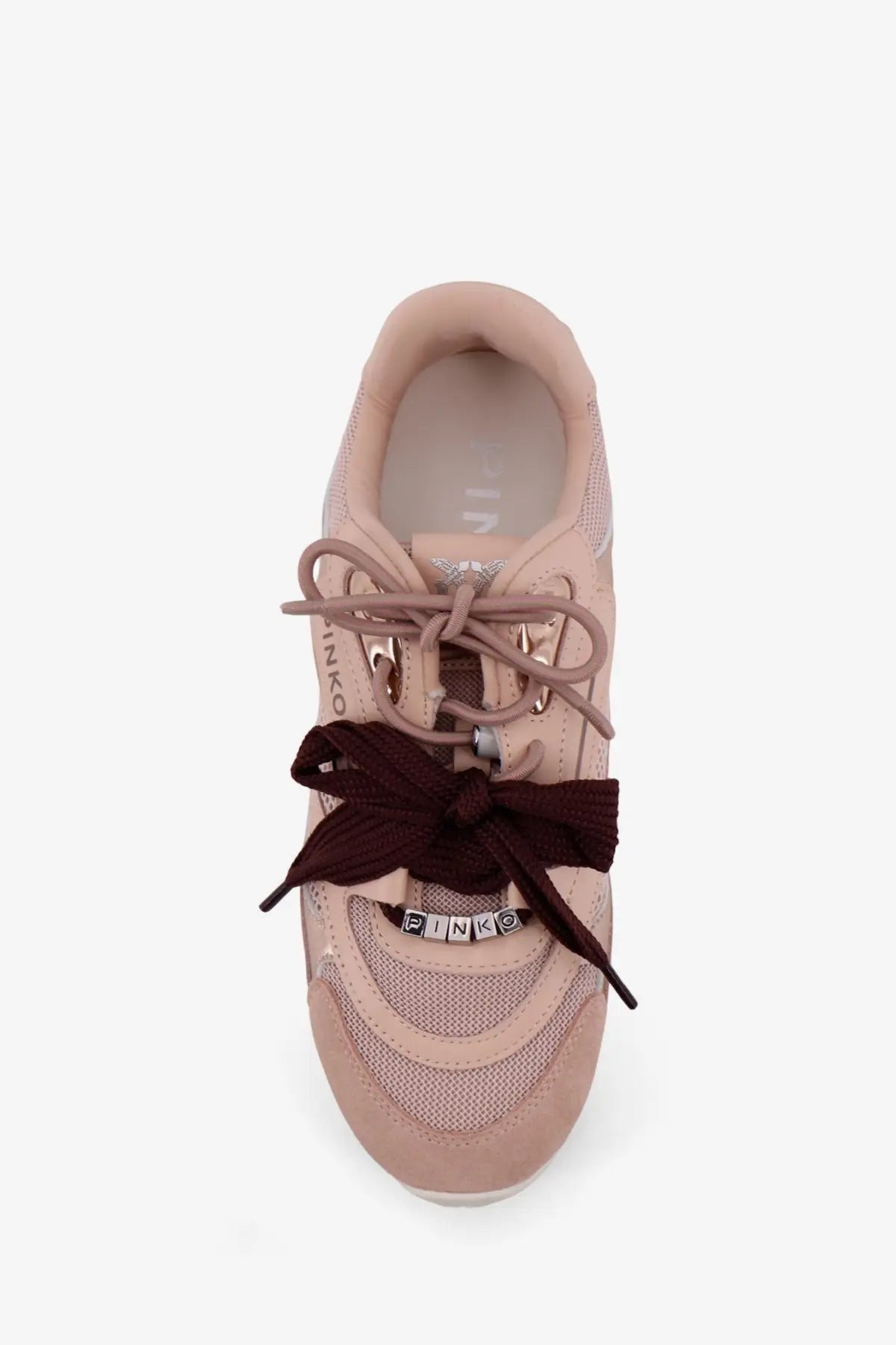 Pinko womens yulia mesh sneakers in blush pink with mesh and suede details and dark brown laces tied in a bow