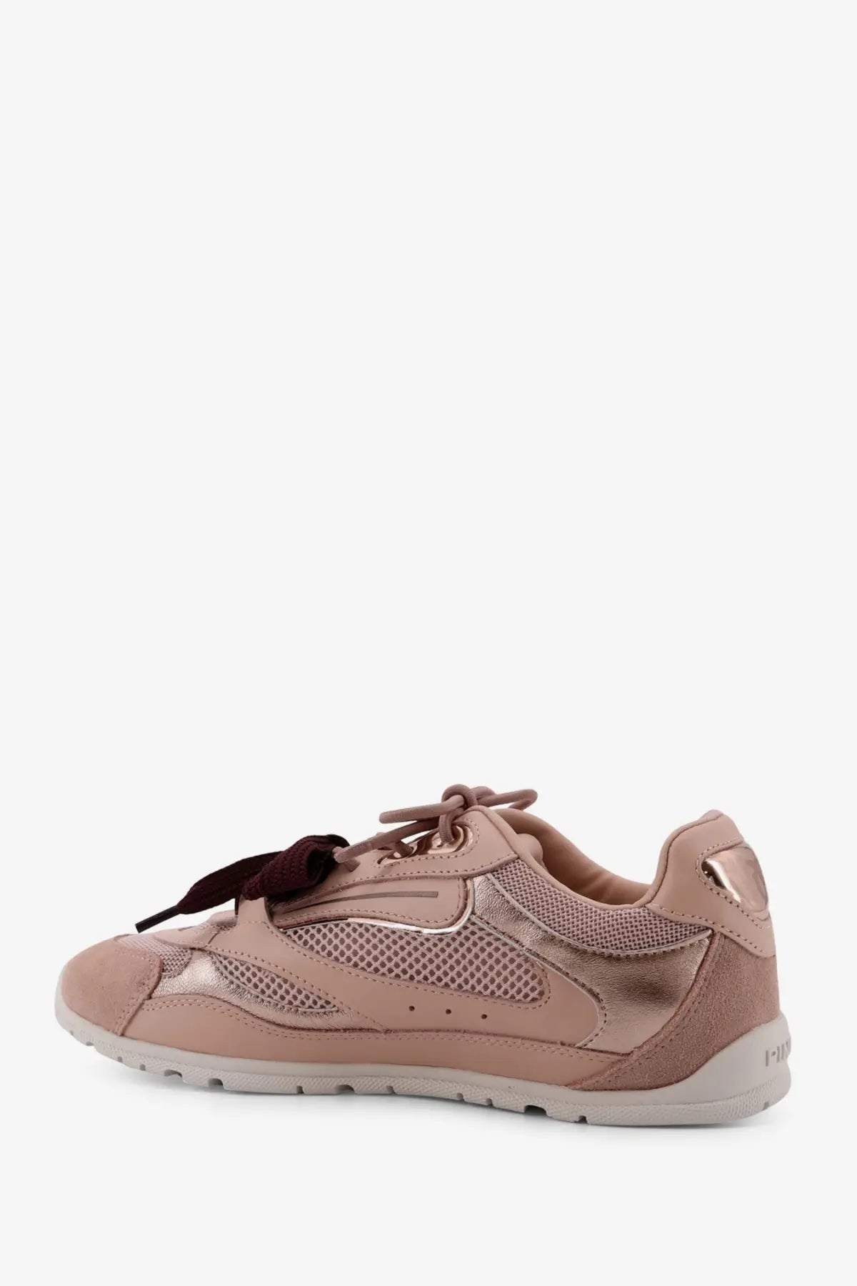 Pinko women’s Yulia mesh sneakers blush pink with metallic mesh panels and dark burgundy lace bow