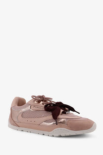 Pinko women’s Yulia mesh sneaker in pink featuring metallic mesh and suede with dark burgundy laces