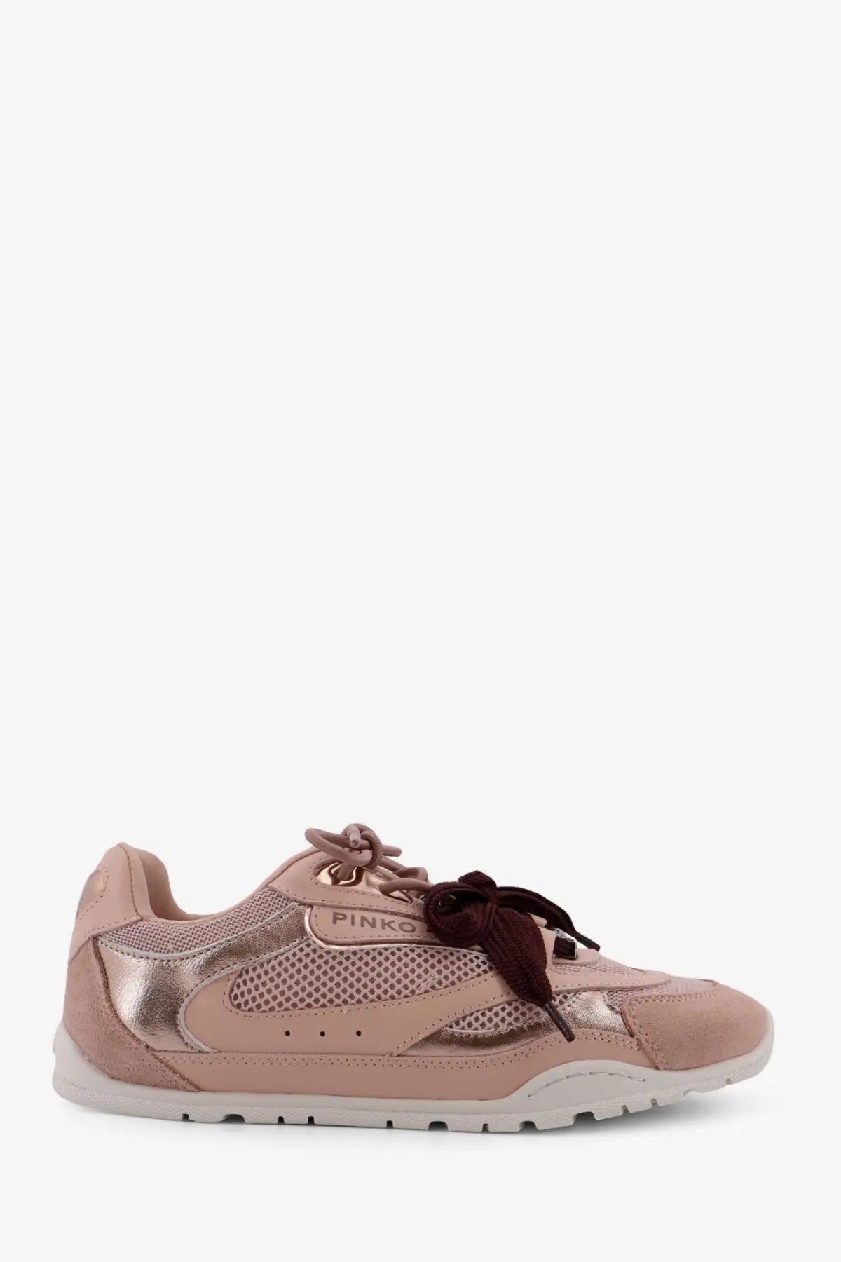 Pinko women’s Yulia mesh sneaker in blush pink with metallic rose gold accents and dark brown bow detailing