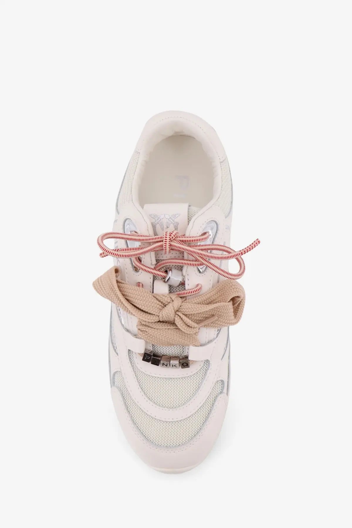 Pinko women’s yulia mesh sneakers white with pink laces beige fabric bow silver mesh panels and metallic tongue branding