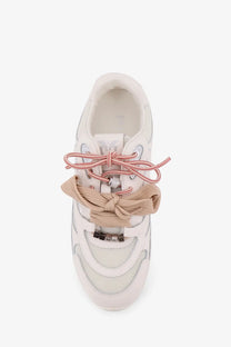 Pinko women’s yulia mesh sneakers white with pink laces beige fabric bow silver mesh panels and metallic tongue branding