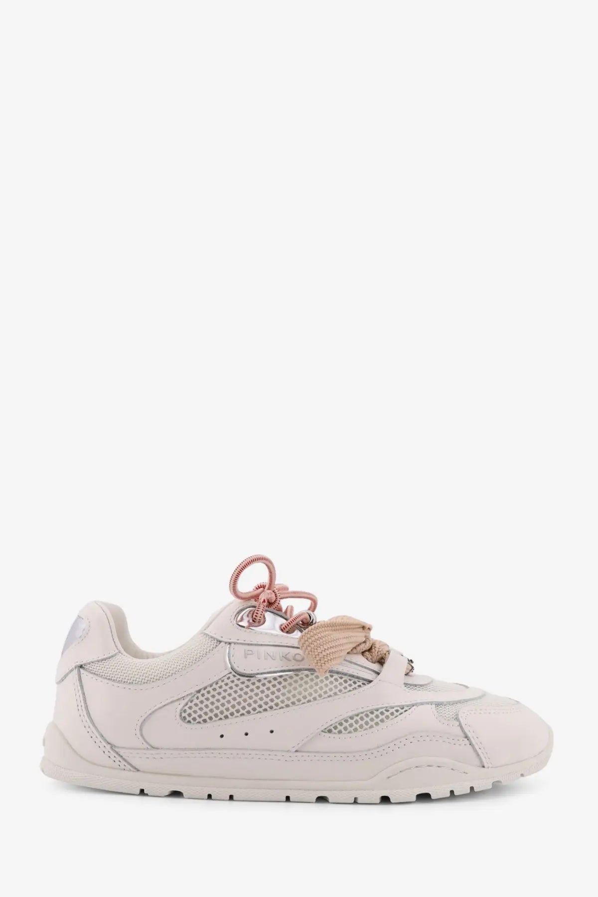 Pinko women’s yulia mesh sneaker in pale pink and beige with chunky sole and mesh material on the side