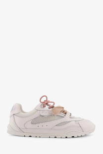 Pinko women’s yulia mesh sneaker in pale pink and beige with chunky sole and mesh material on the side
