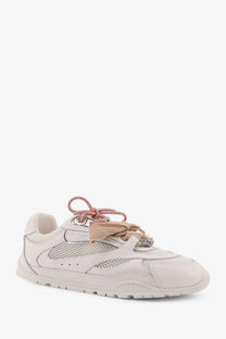 Pinko women’s yulia mesh sneakers in pale pink and beige with mesh panels textured rubber sole and braided laces