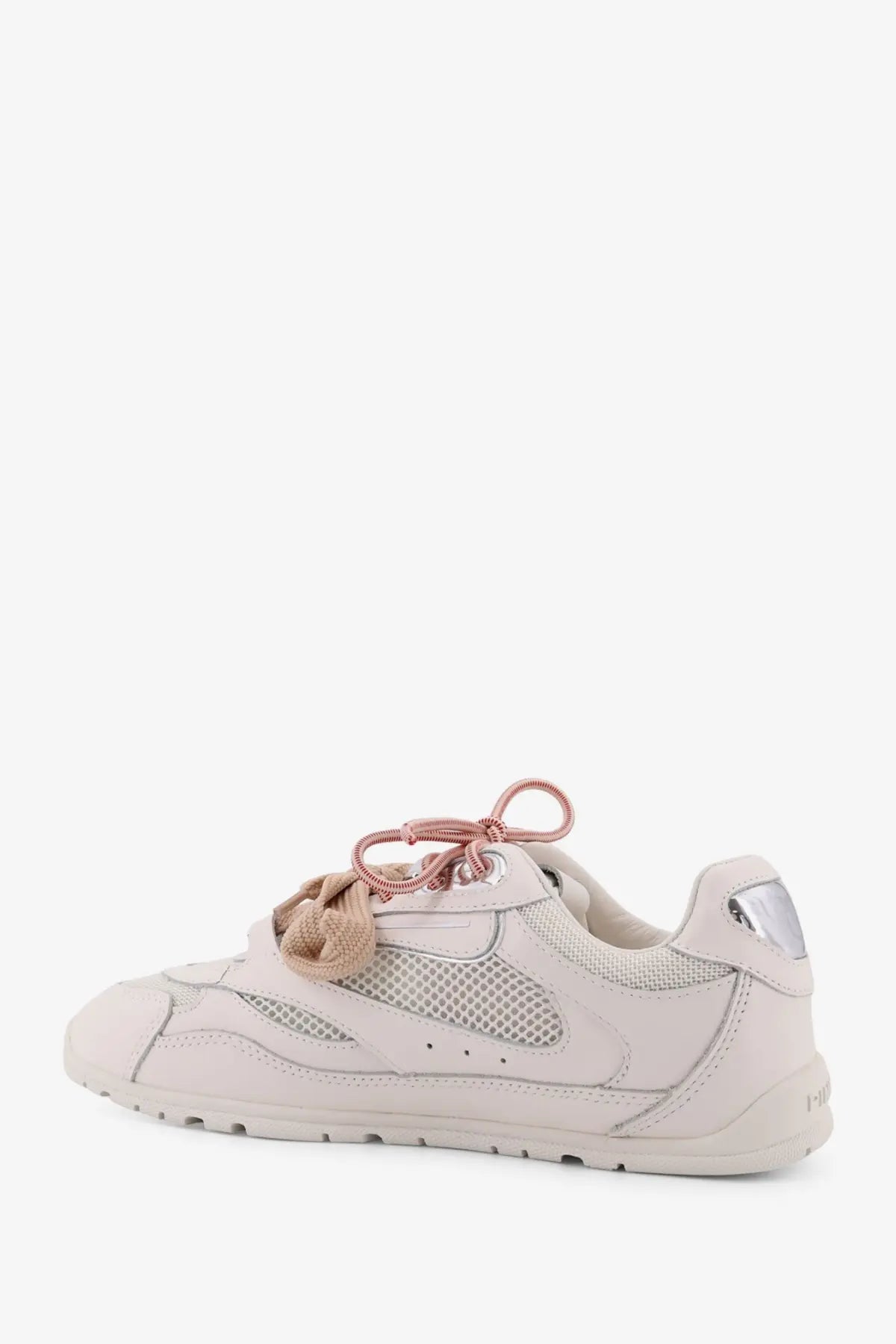 Pinko women’s yulia mesh sneaker in pale pink with beige knotted laces silver heel tab and breathable mesh panel