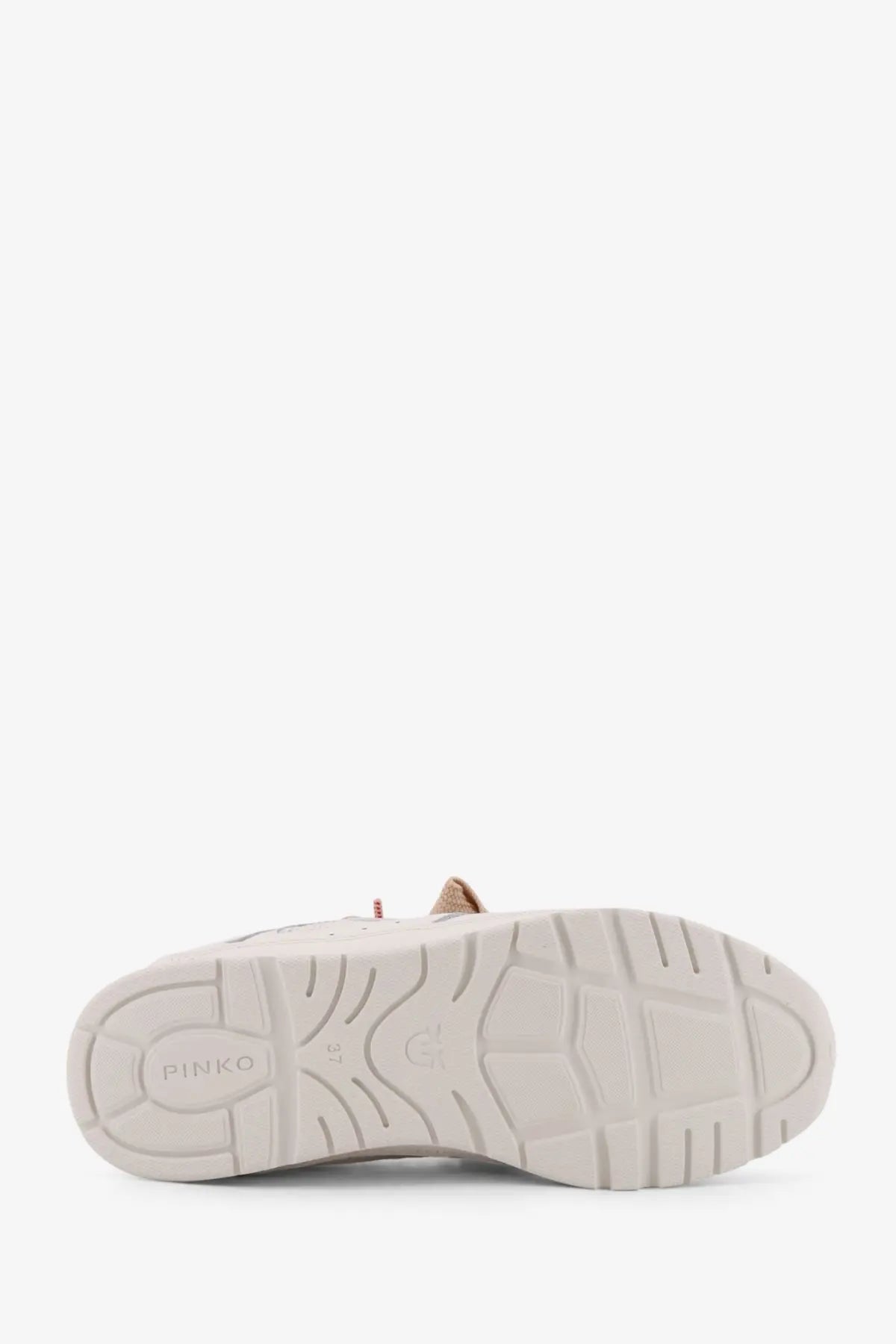 White rubber sole with pinko branding and textured tread on pinko womens yulia mesh sneakers white