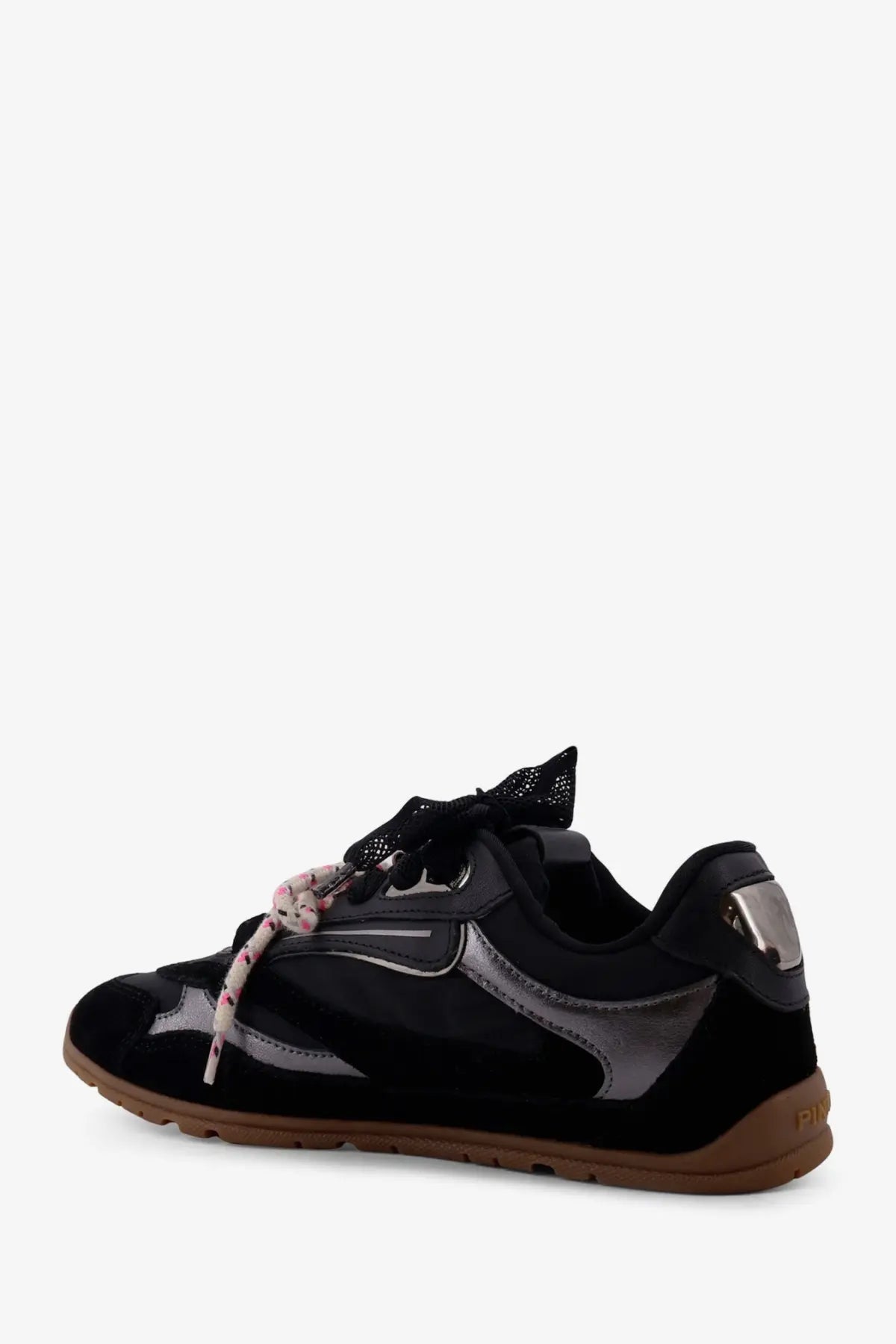 Pinko women’s Yulia suede sneaker black with black suede and patent leather silver accents and brown rubber sole