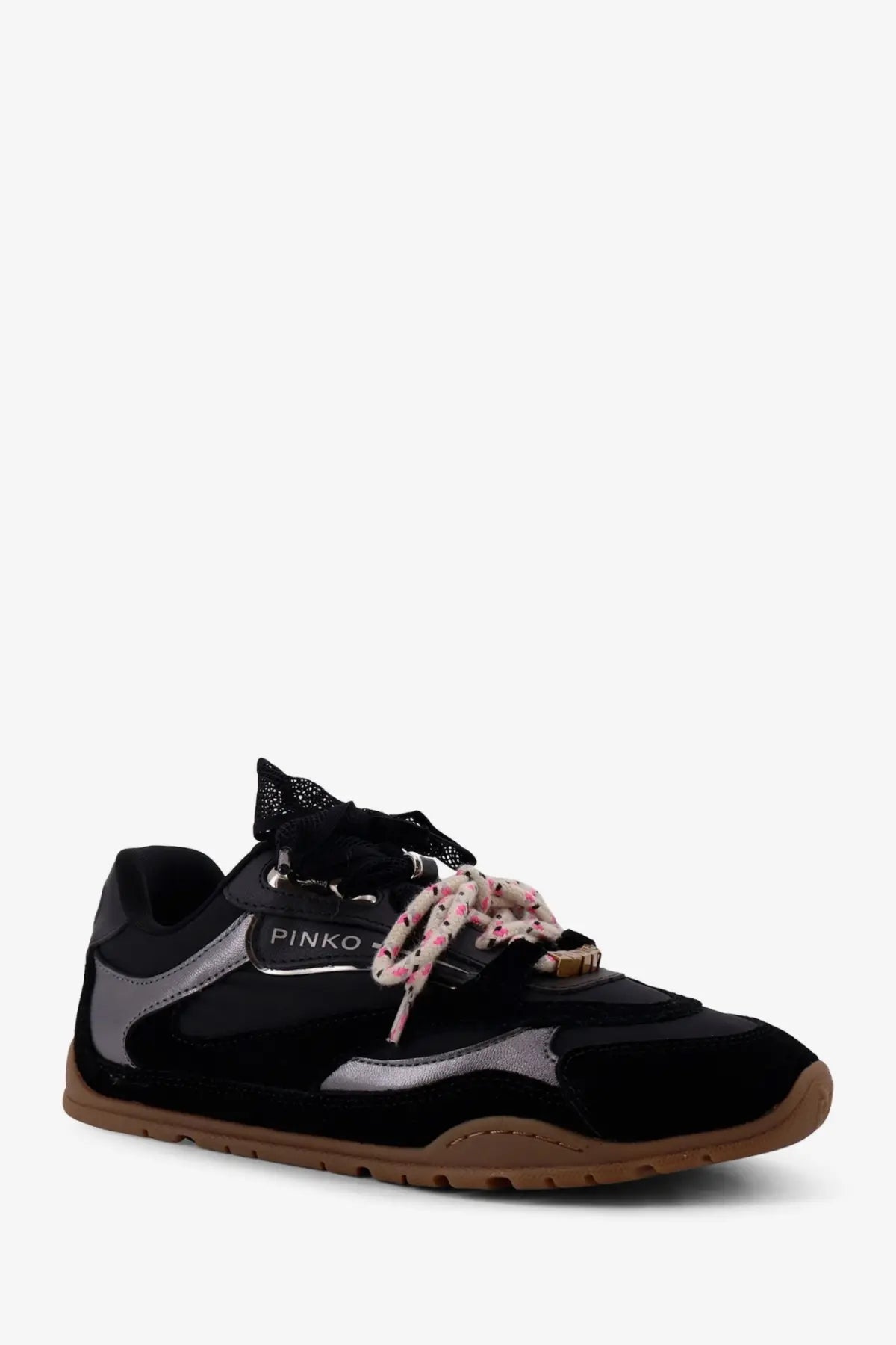 Pinko women’s Yulia suede sneakers in black with silver accents and floral patterned laces
