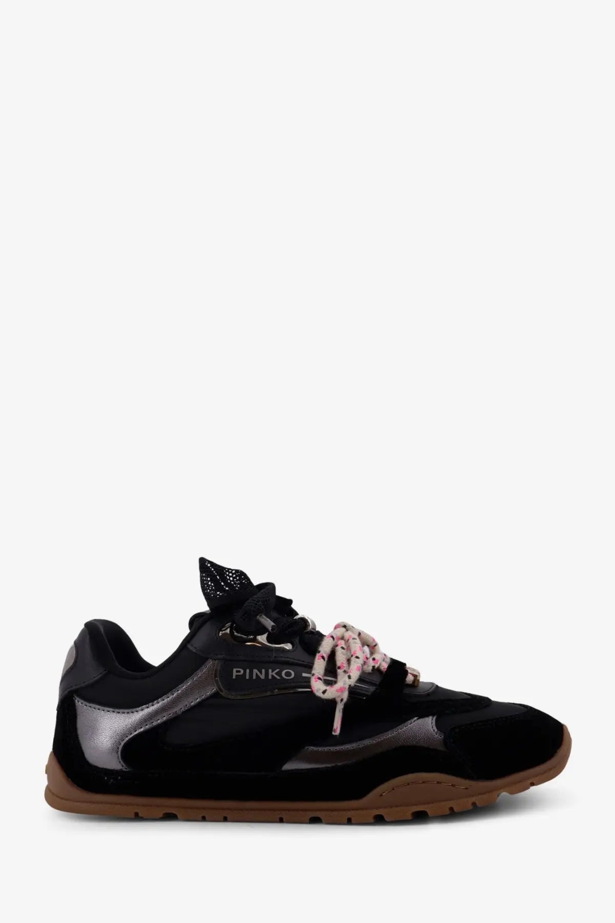 Pinko women’s yulia suede sneakers in black with silver accents and pink floral laces for casual wear