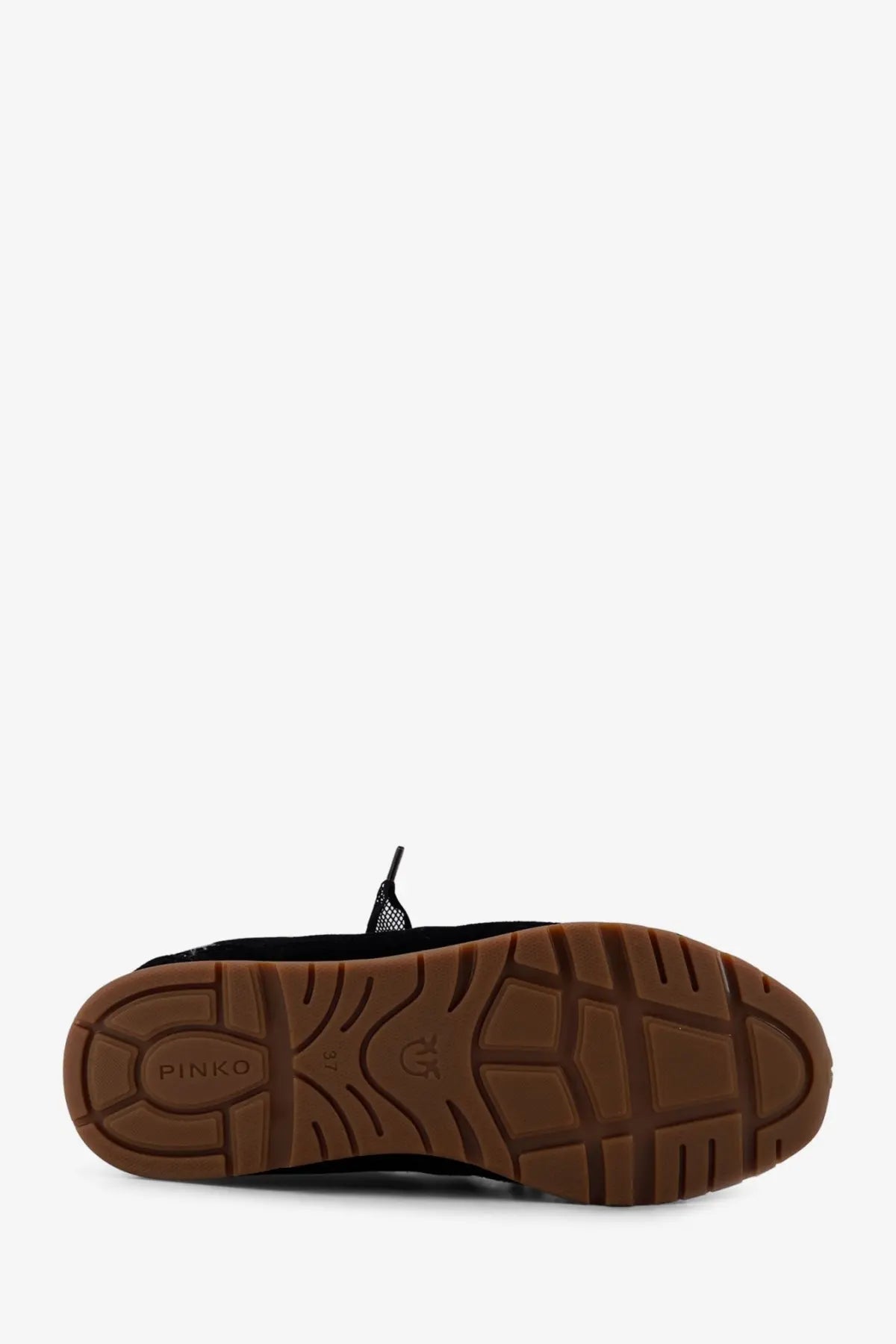 Pinko women’s Yulia suede sneakers in black with brown rubber sole featuring a textured tread pattern