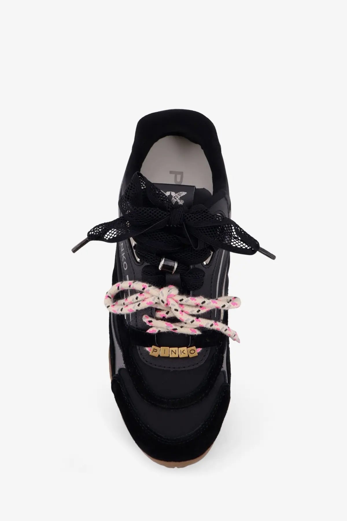 Pinko women’s yulia suede sneakers black with mesh laces and pink polka dot lace accent