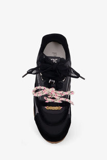 Pinko women’s yulia suede sneakers black with mesh laces and pink polka dot lace accent