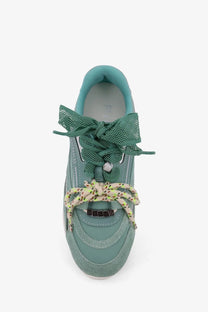 Pinko women’s yulia suede sneakers blue featuring a mint green athletic design with mesh and patterned lace accents