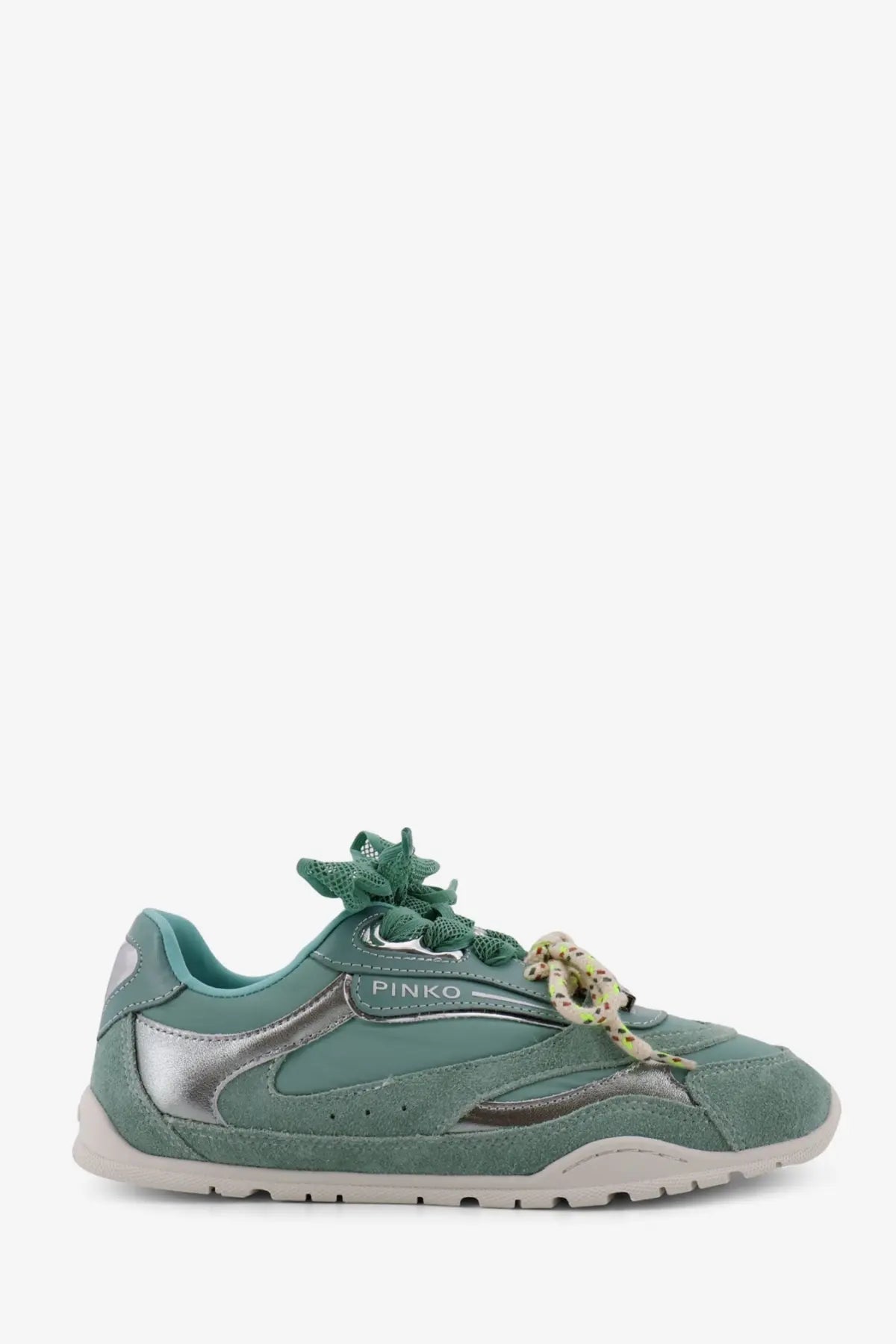 Pinko women’s Yulia suede sneakers in teal with metallic silver accents and patterned laces for athletic use