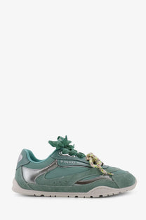 Pinko women’s Yulia suede sneakers in teal with metallic silver accents and patterned laces for athletic use