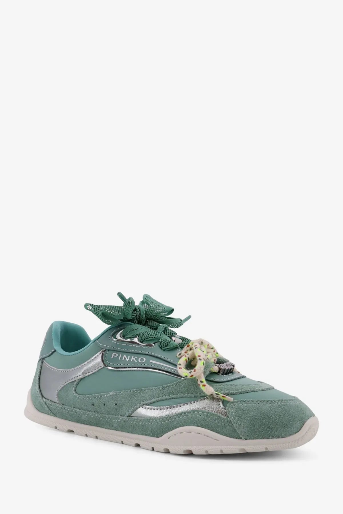 Pinko women’s yulia suede sneakers in teal with silver accents and patterned lace details