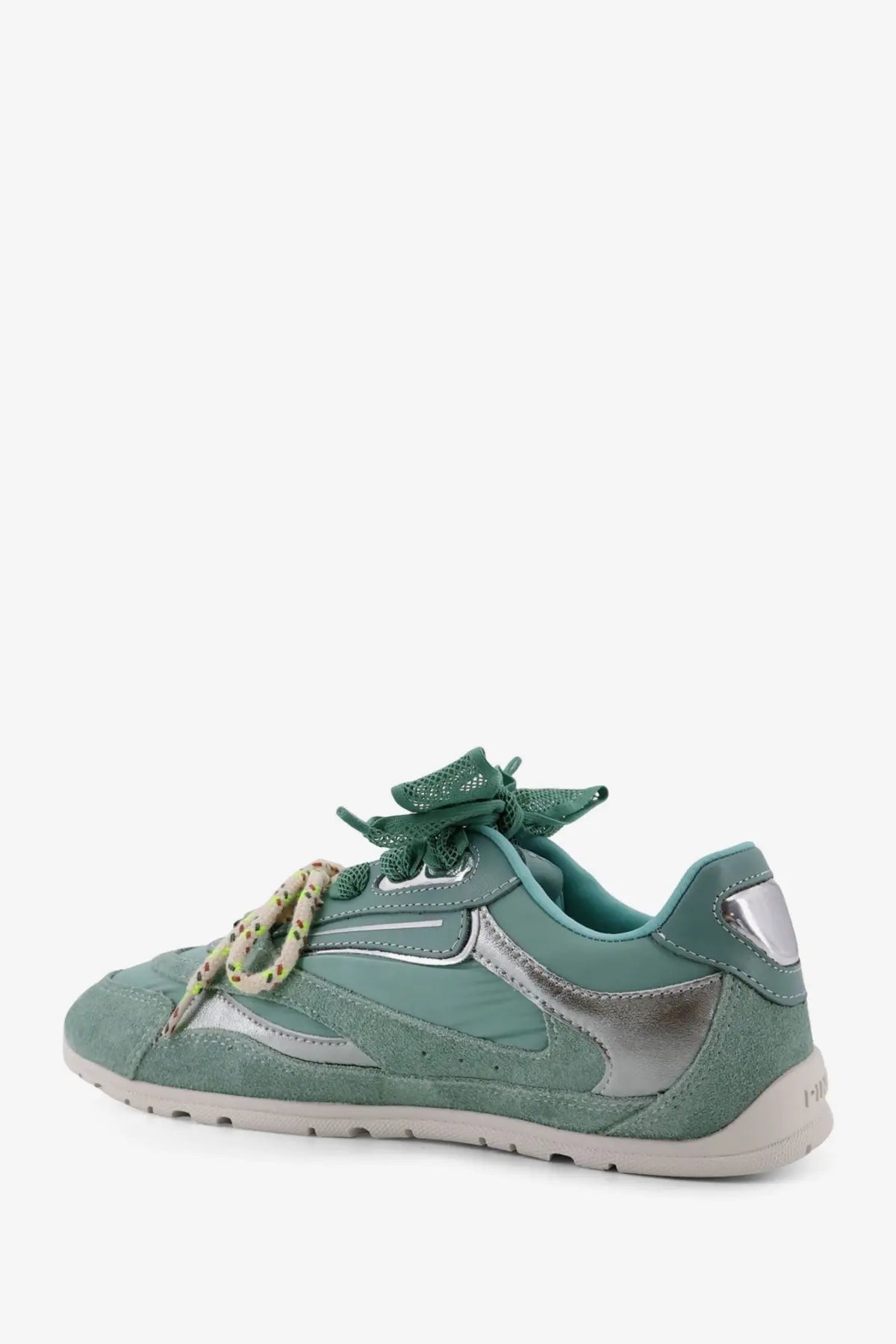Pinko women’s Yulia suede sneakers in blue with teal suede and silver metallic panels and patterned lace-up detailing