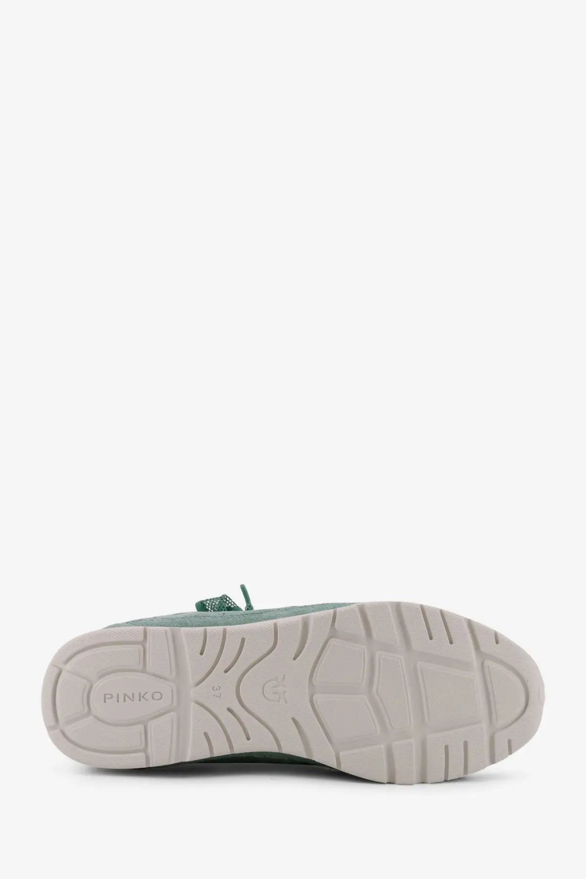 Pinko women’s Yulia suede sneakers blue with teal suede, textured rubber sole, and subtle glittery laces