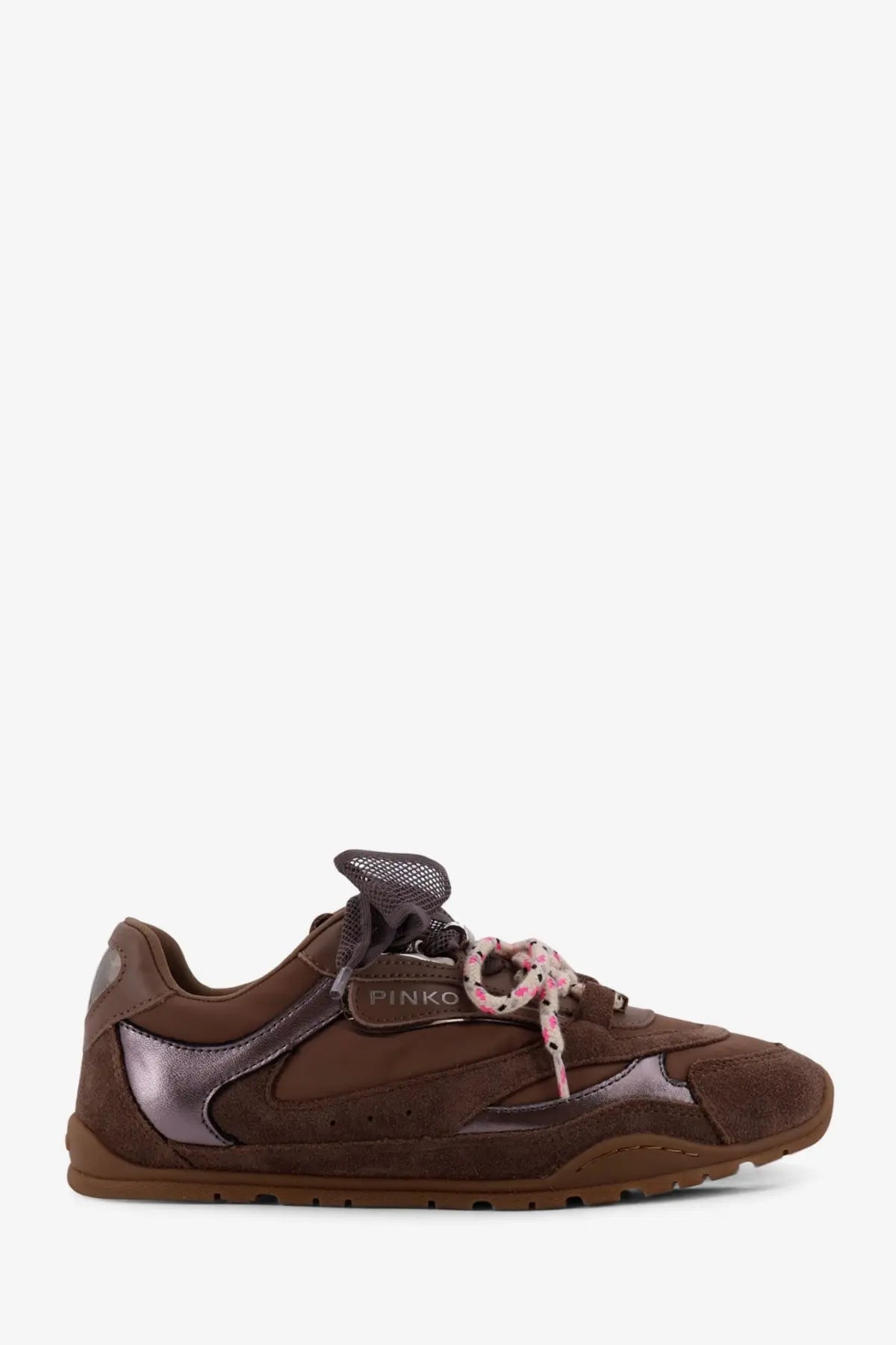Pinko women’s yulia suede sneakers in brown with metallic panels and pink polka dot lace detail